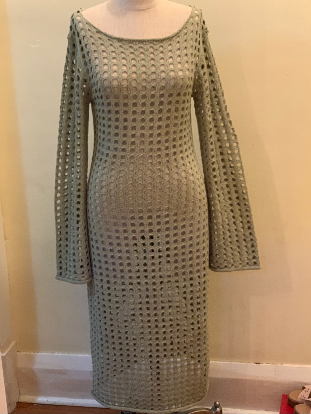 Oak and Fort Open-Knit Sage Green Swimsuit Cover up Dress